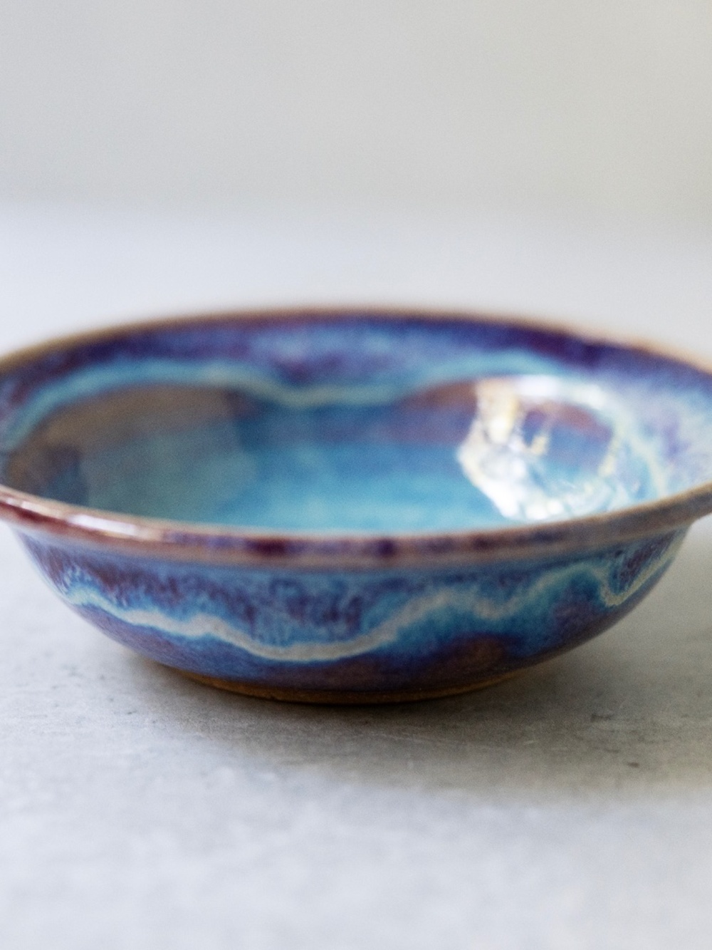Asian signed studio pottery bowl handmade blue purple drip glaze 5.25" across